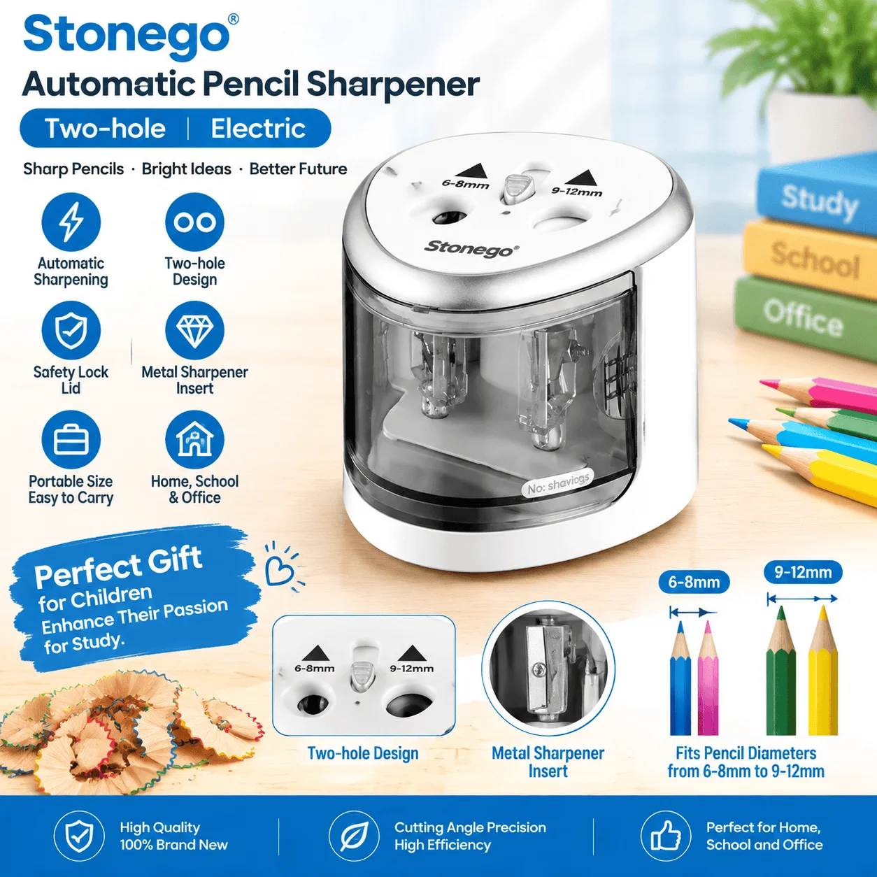 Automatic Electric Pencil Sharpener Dual Hole Battery Powered Pencil Shaver for Standard and Colored Pencils Compact Portable Design for School Office Classroom Art Drawing Writing Supplies Easy Operation Fast Sharpening Stationery Tool Accessory