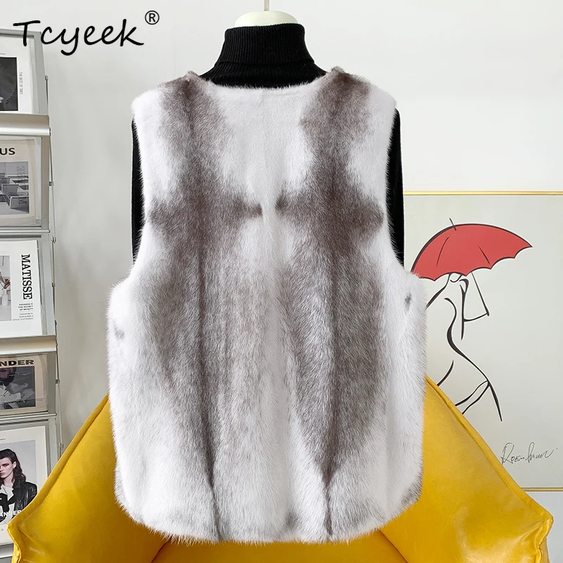 Tcyeek colete de pele de vison cruz natural feminino 2025 outono inverno roupas estilo curto coletes de pele real para mulher casacos de vison inteiro