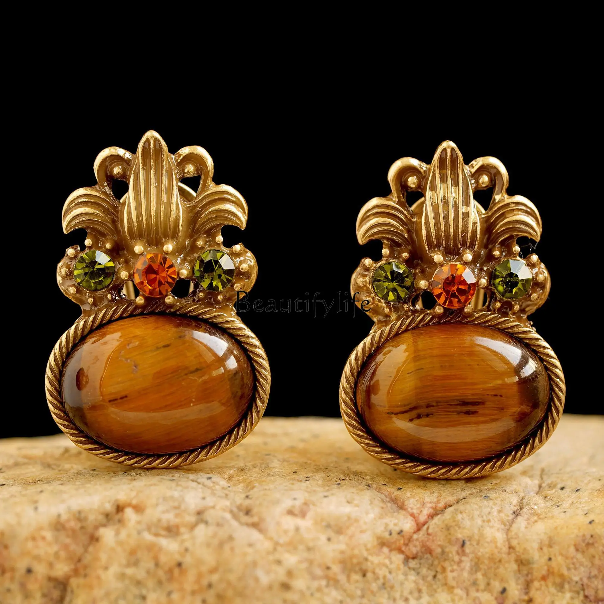 Natural tiger eye rough stone 925 silver retro relief earrings gourd shape premium stud earrings