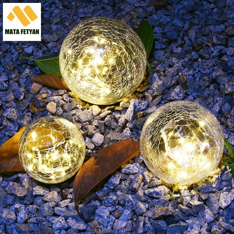 Lampe solaire LED imperméable à boule de verre craquelé, éclairage d'extérieur, luminaire décoratif, idéal pour un jardin, un balcon, une villa ou une rue