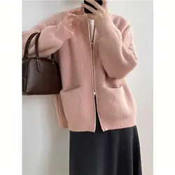 Women's Modern Double Zipper Knitted Cardigan New Fashion Spring Fall Round Neck Knit Sweater Loose Short Outer Wear Coat U395