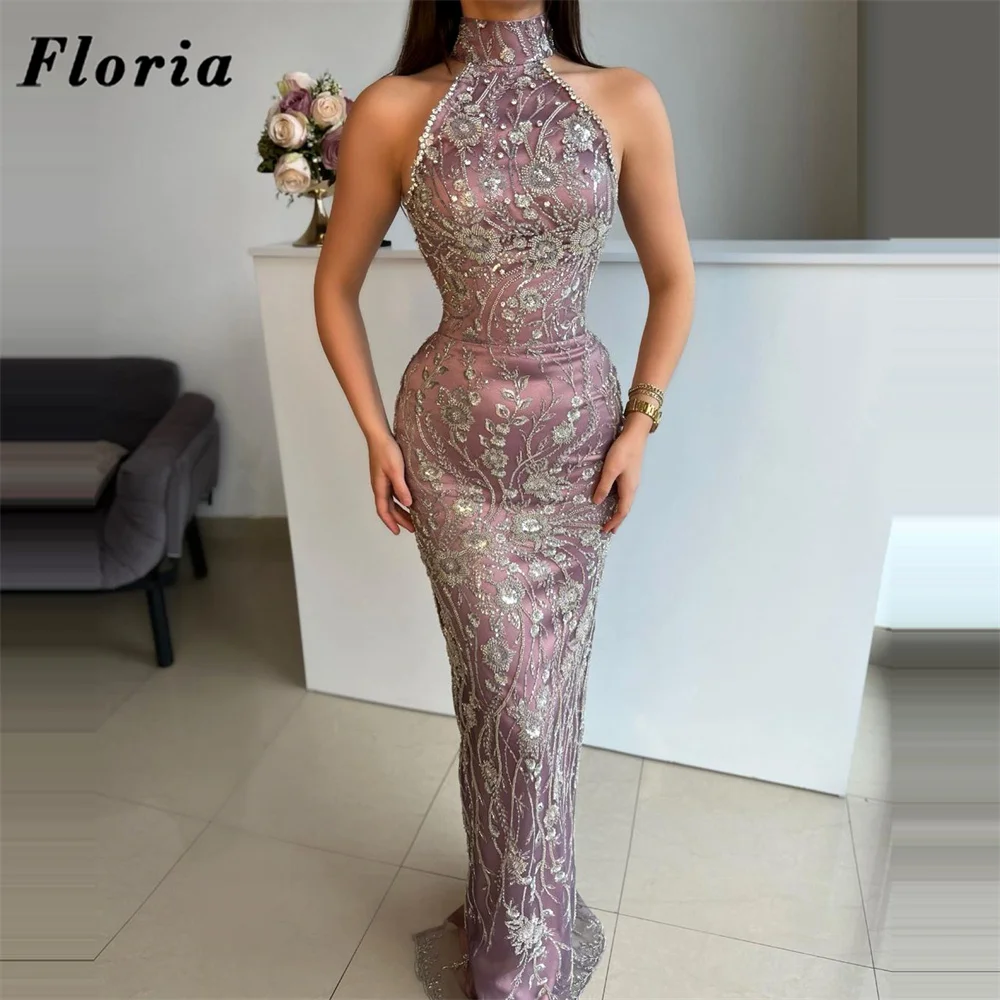 Customized Pink Halter Evening Dresses Beaded Women Prom Dress Customized Appliques Wedding Party Gowns Vestidos De Cóctel 