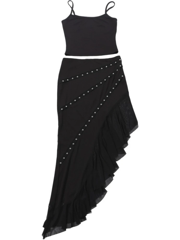 Foamlina nouveau Chic noir sans manches haut caraco court et clouté maille ourlet à volants jupe longue irrégulière pour les femmes Sexy deux pièces ensemble