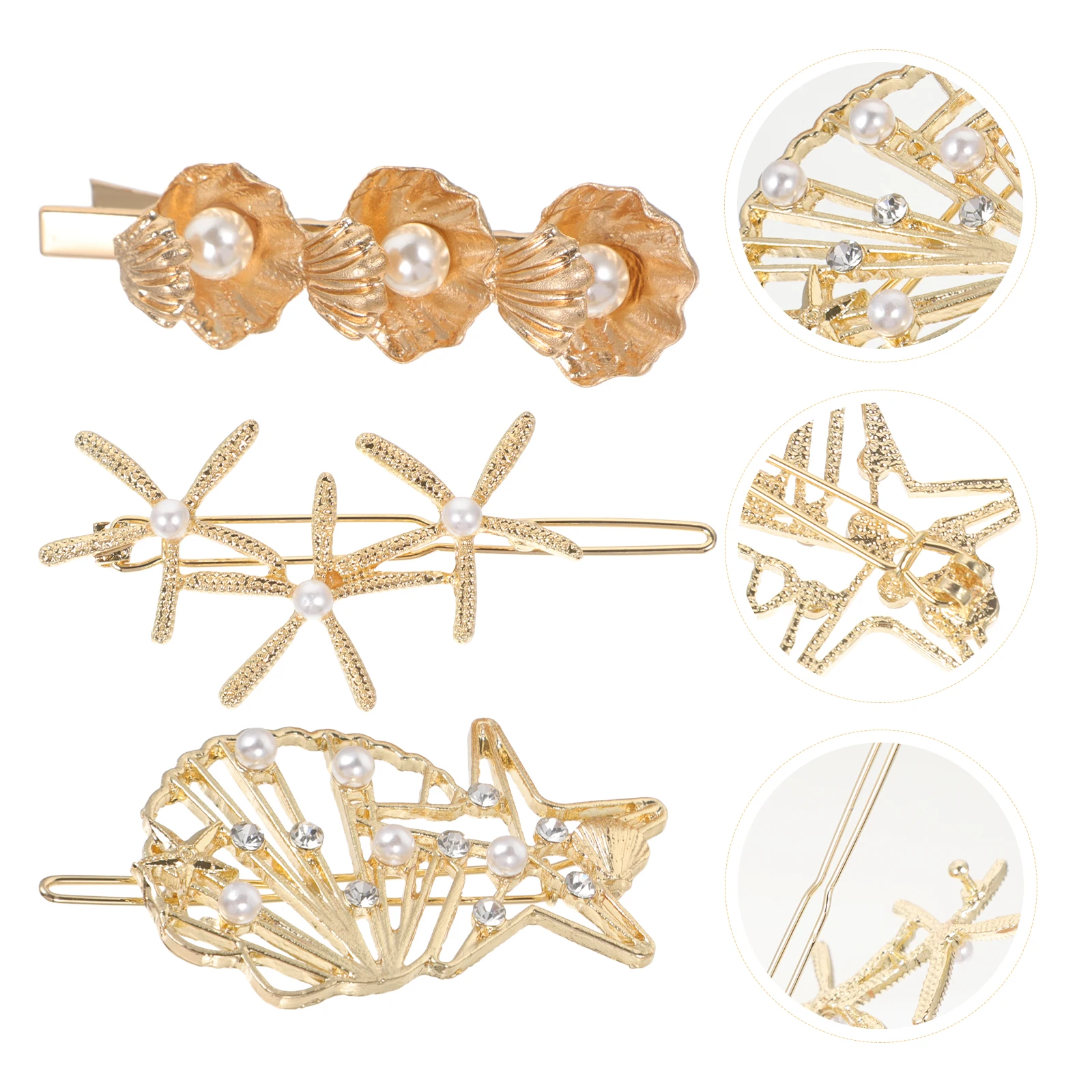 

3pcs Pearl Shell Hairpin Women Barrettes Clip Unique Metal Alloy Hollow Girls Clips Elegant Hairstyle Accessories Durable