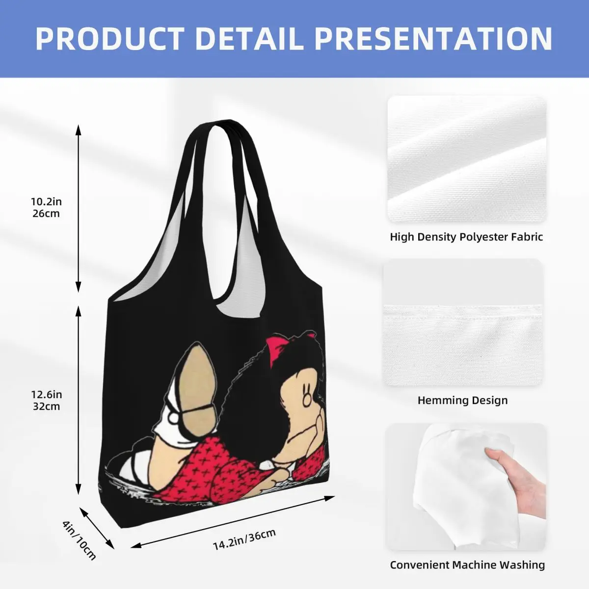 Bolsas de compras de comestibles personalizadas Mafalda, bolsas grandes de hombro de lona, bolsas de cómic portátiles de gran capacidad con dibujos animados de Quino