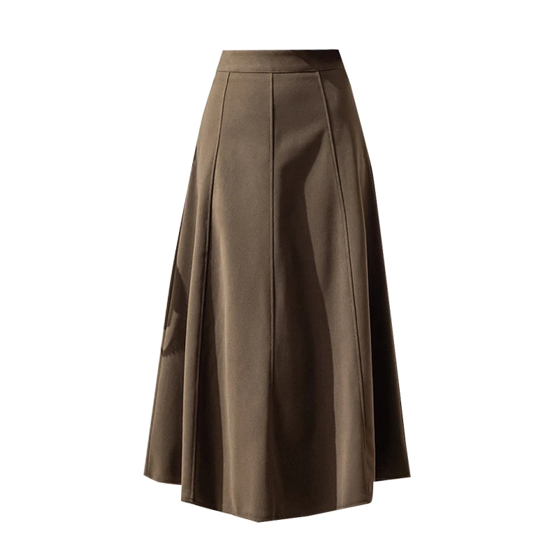 2025 Woolen Autumn Winter Skirt Woman Elegant A-line Office Umbrella Long Skirts High Waisted Spliced Brown Black Women's Skirt