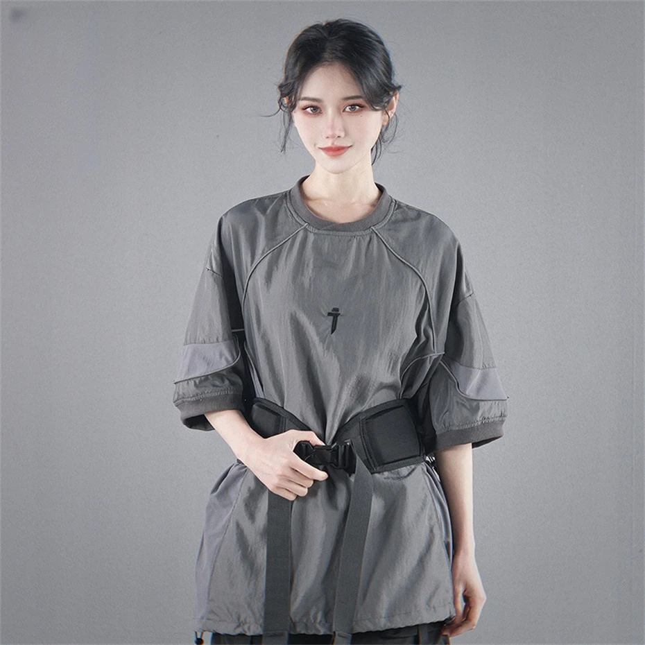 Techwear Summer Cargo T-shirts Women Punk Hip Hop Short Sleeve T Shirt Oversized Streetwear Reflective Article Casual Tee Tops