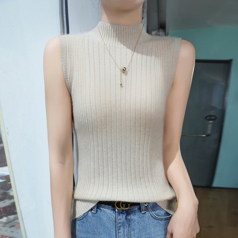 Autumn and winter new 100% Merino wool women's sweater half turtleneck pullover fashion light luxury CHIC warm bottom knit vest