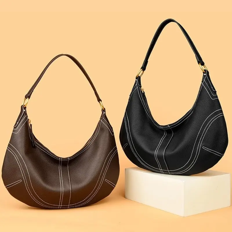 Genuine Leather Women's Bag, Soft Cowhide, Minimalist Shoulder Crossbody Bag, Female Luxury Crescent Hobo Bag, Handbag, Dumpling