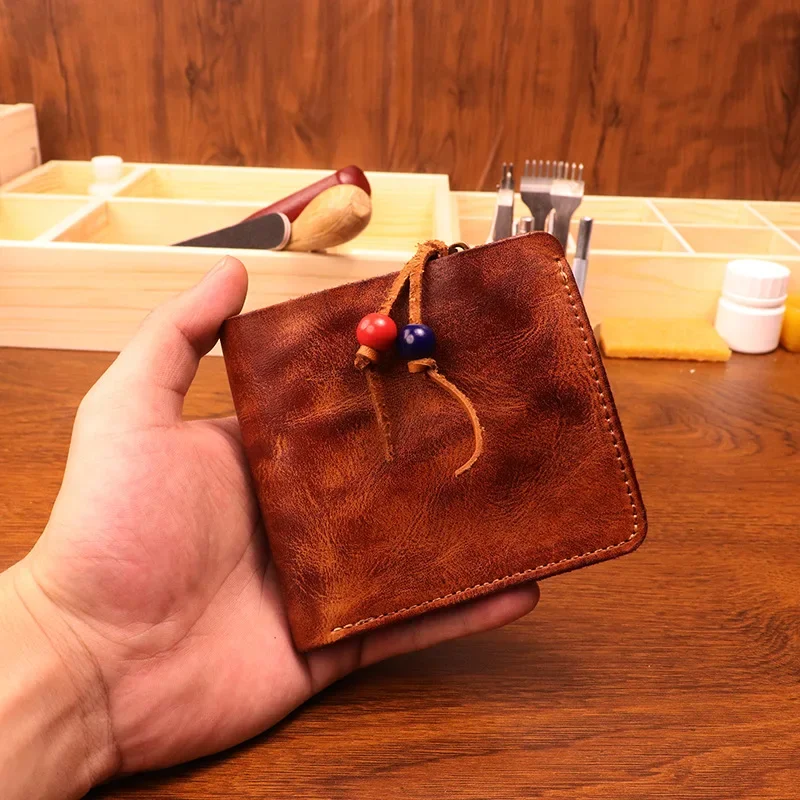 Men Vintage Handmade Vegetable Tanned Leather Wallet Large Bill Money Clip Coin Purse Multi Card Holder 가죽 지갑