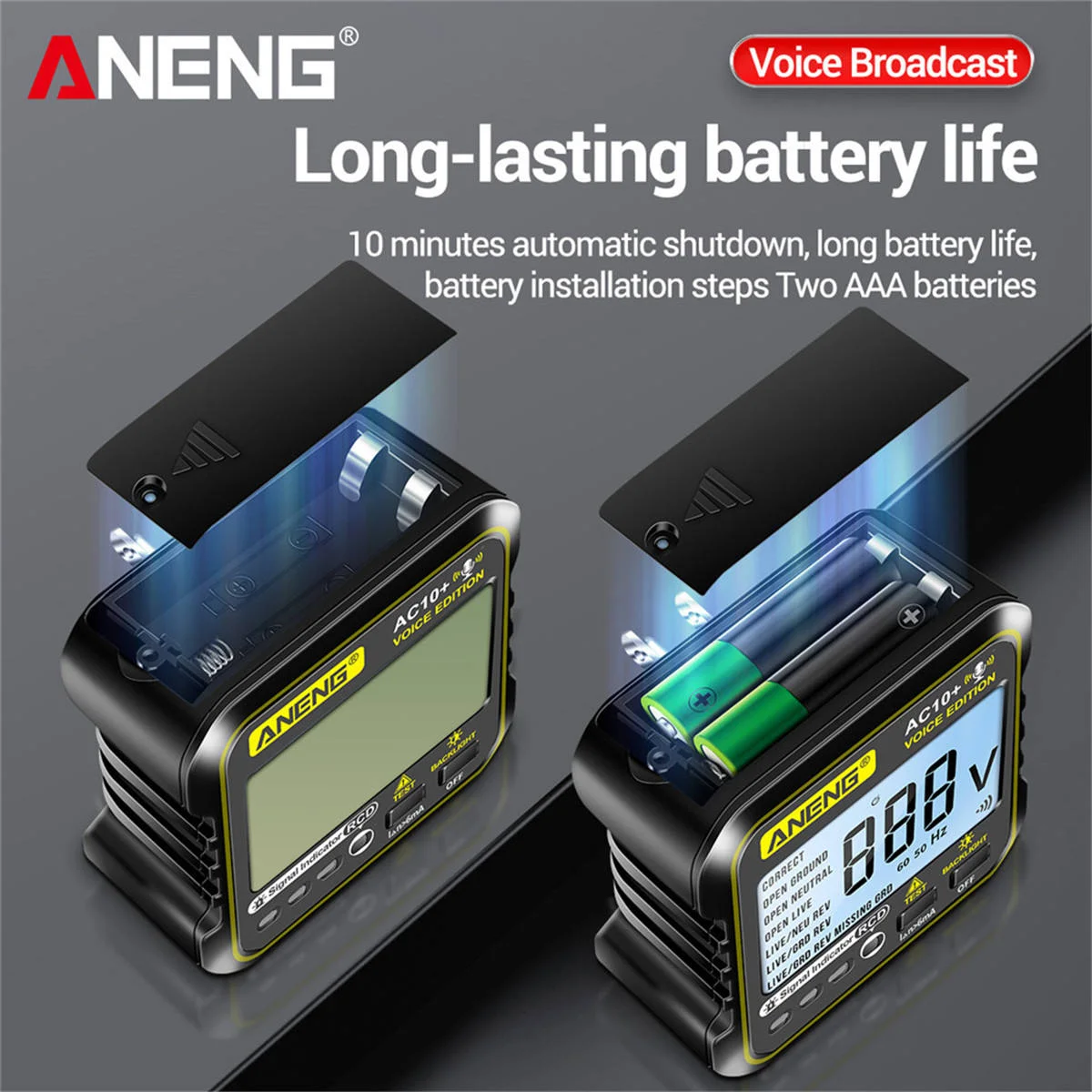 ANENG AC10+ Socket Testing Instrument with Voice Broadcast Outlet Checker US/EU Zero Fire Line Circuit Breaker 1 Year Warranty