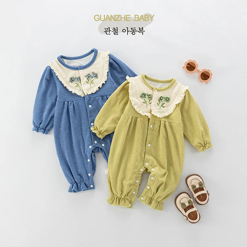 Infant Girls Jumpsuit New Autumn Flower Embroidery Patchwork Woven Cotton Newborn Girls Romper Ruched Korean Baby Girls Bodysuit