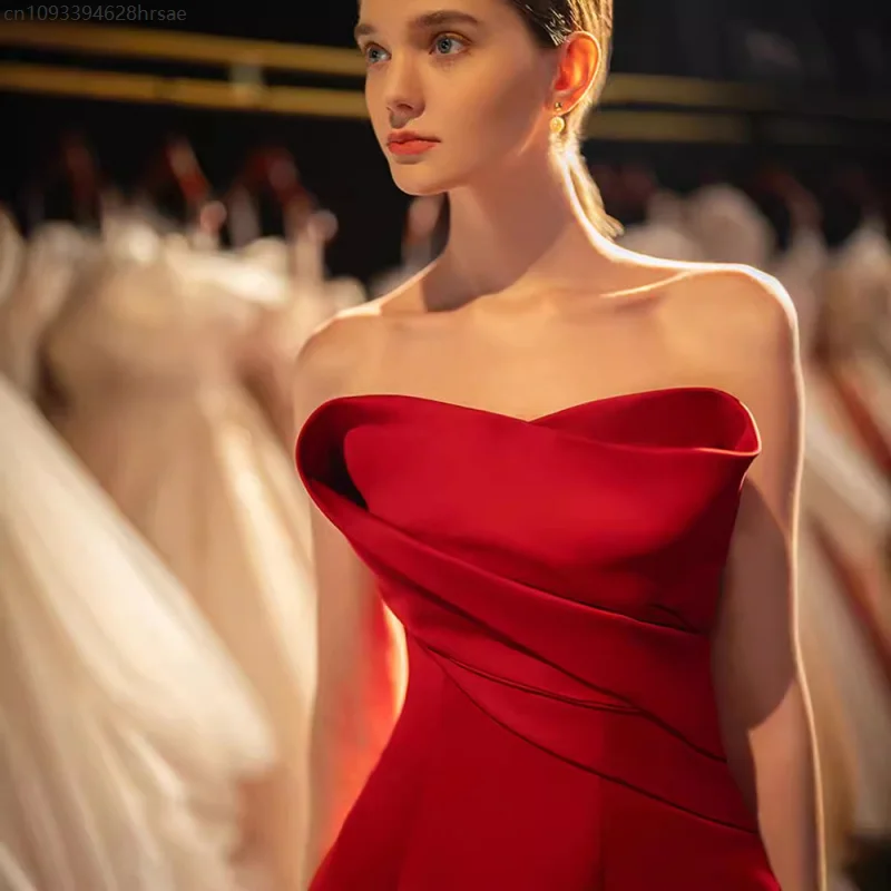 Bordeaux Slim Fit Sexy Satijn Off-Shoulder Verlovingsavondjurk Voor Vrouwen Strapless Lange Avondfeest Galajurk Nieuw