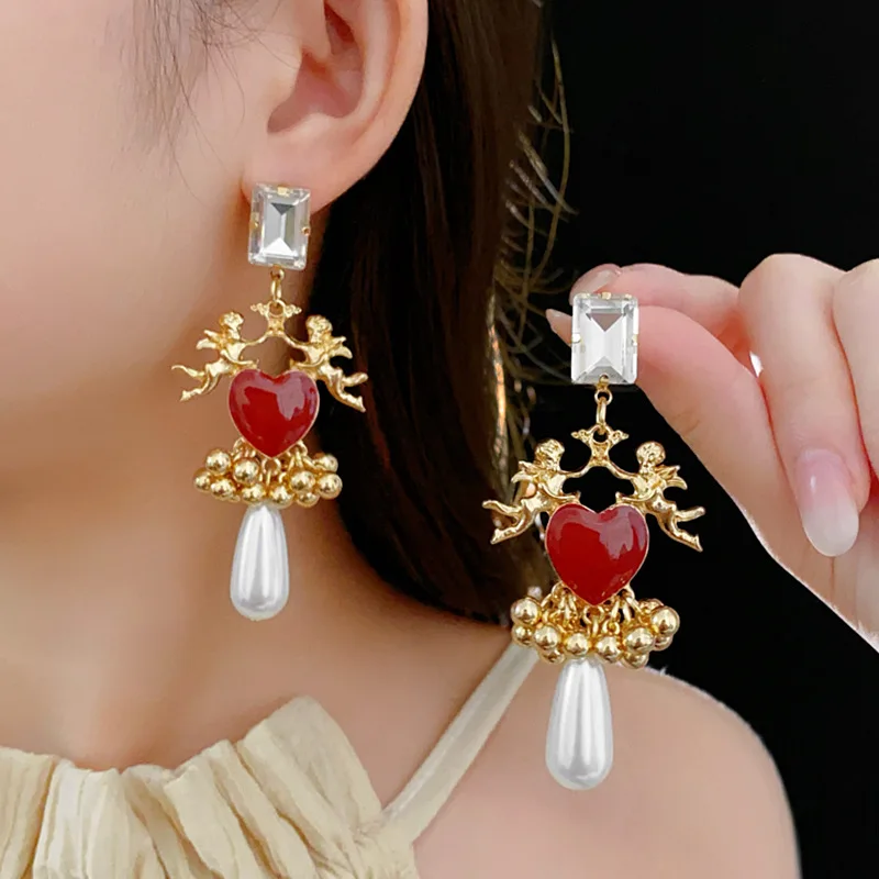 Vintage Silver Needle Drop Oil Love Earrings for Women Vintage Light Luxury Beads Tassel Drop Earring Luxury Designer Jewelry