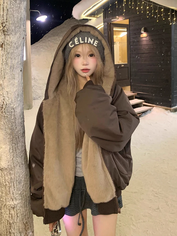 Damen Double-Sided Wear Baumwolle Jaet Winter Thi Oberbekleidung American Lazy Sle Commute Koreanische Version Long Sve Reißverschluss