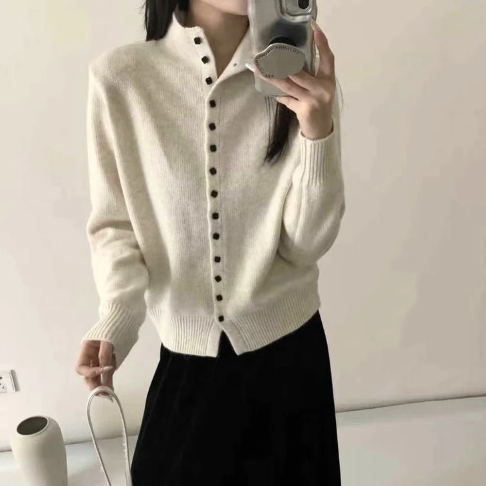 Korean-style Half High Collar Squar-shaped Button Sweater For Women Simple Stylish Commuting Versatile Knitted Cardigan