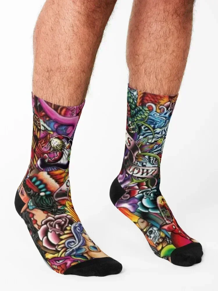 Tattoo art collage Socks cool sheer Novelties new in's Socks Men's Women's