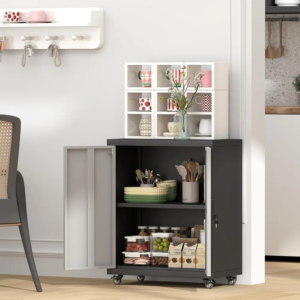 調節可能な棚板付きメタル収納キャビネット、扉とキャスター付き、狭いガレージスペース向け、安全なロックオプション付き