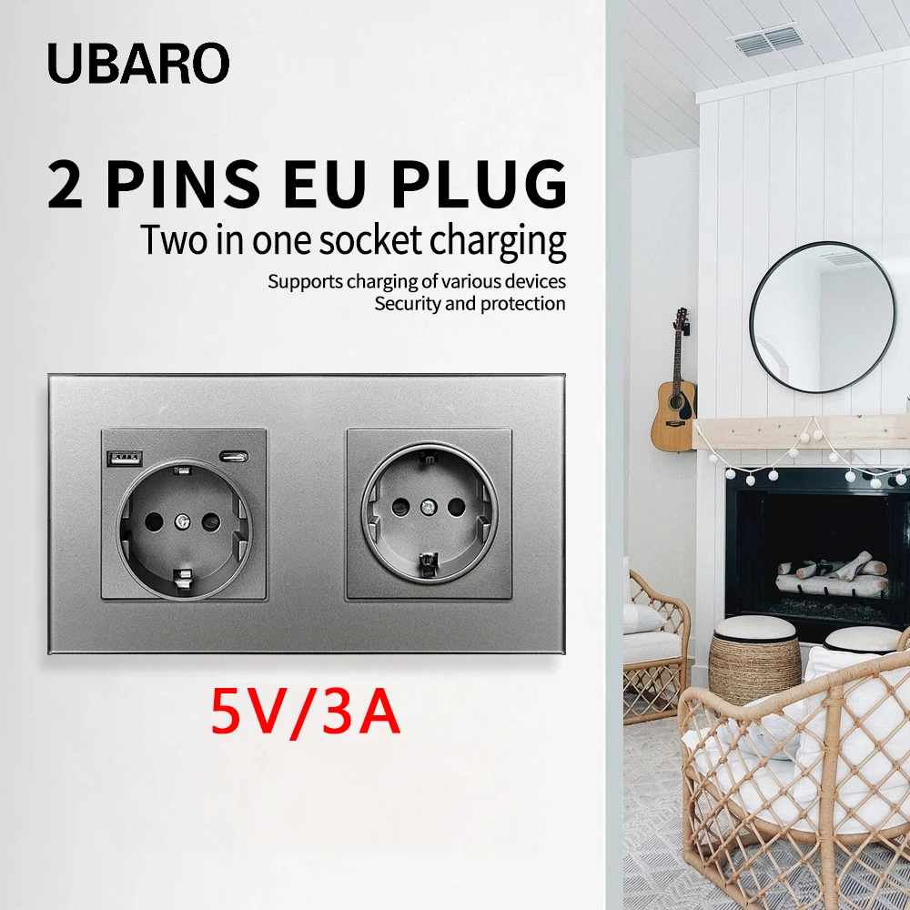 UBARO 153*82mm Tempered Glass Panel 5V3A Fast Charging USB Type C Wall Double Socket Home Power Outlet Built-in Socekts 250V 16A