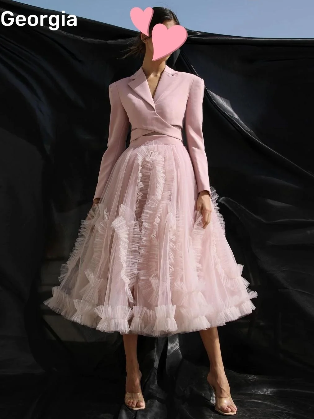 Customized فساتين سهرة A-Line Ruffle Long Sleeves Dresses For Prom V-Neck Tea-Length Zipper Up Elegant And Beautiful Dresses