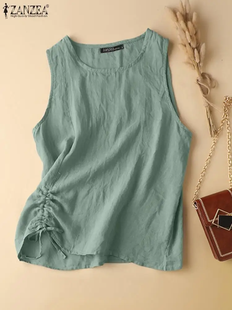 ZANZEA Vinatge Holiday Tanks Tops Women Cotton Camis Summer O Neck Sleeveless Blouse Casual Loose Shirt Solid Beach Tees Vest