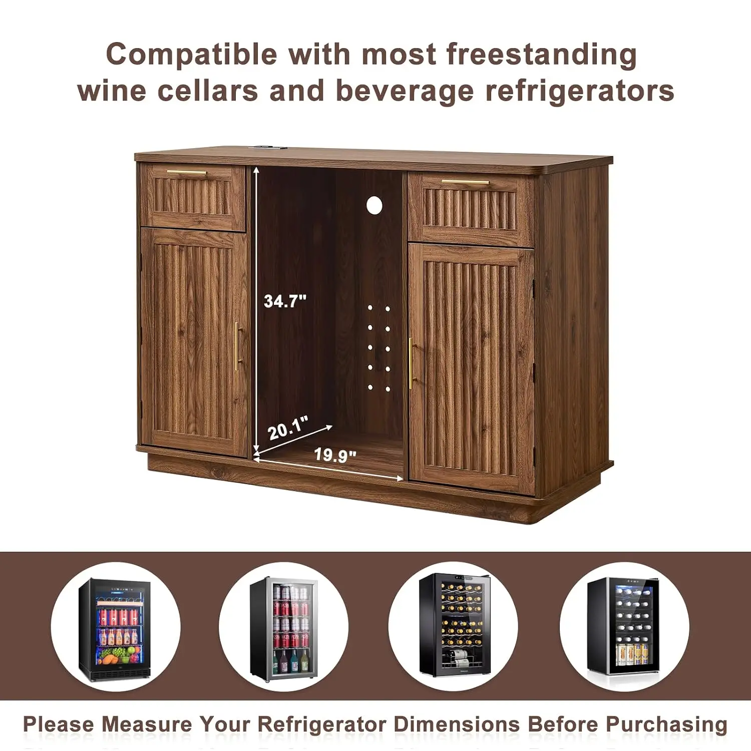 Mini Fridge Cabinet with Storage & Power Outlet, Walnut, Customized