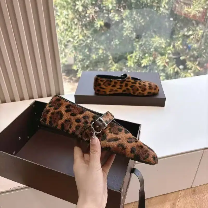 Designer Brand Original Leopard Print One Button Mary Jane Single Shoe Women's Retro Horsehair Comfortable Flat Ballet Shoes