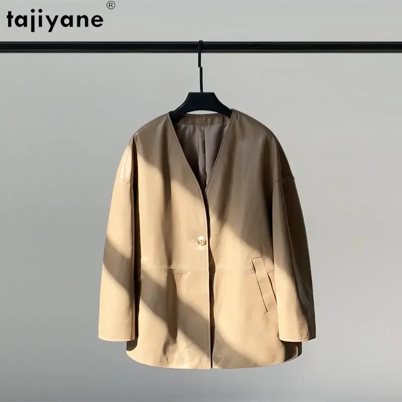 

Tajiyane Genuine Sheepskin Leather Jacket Women 2023 Korean Fashion V-neck Leather Jackets Woman Real Leather Coat Mid-length