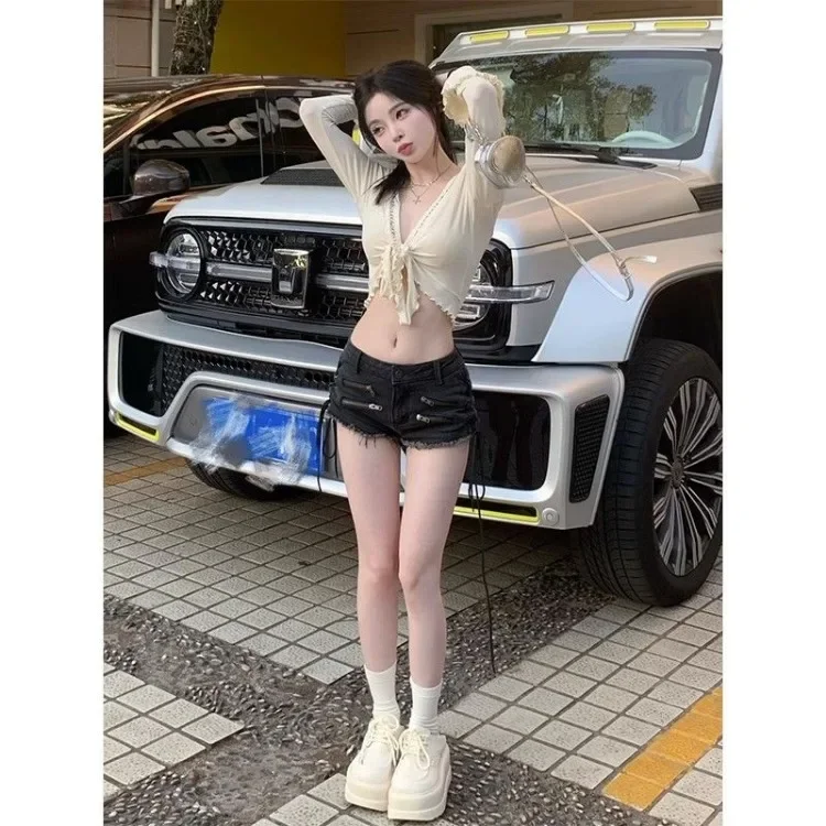 American Street Black Gray Zipper Denim Shorts Women 2025 Summer New Hot Pants… - Image 4