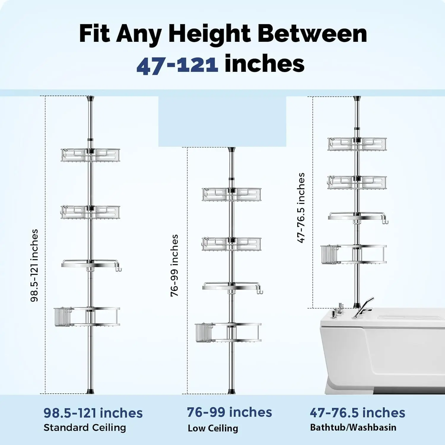 HAMITOR Corner Shower Caddy Tension Pole: Quick Installation 4-Tier Rustproof Bathroom Organizer Shelves for Bathtub Shampoo