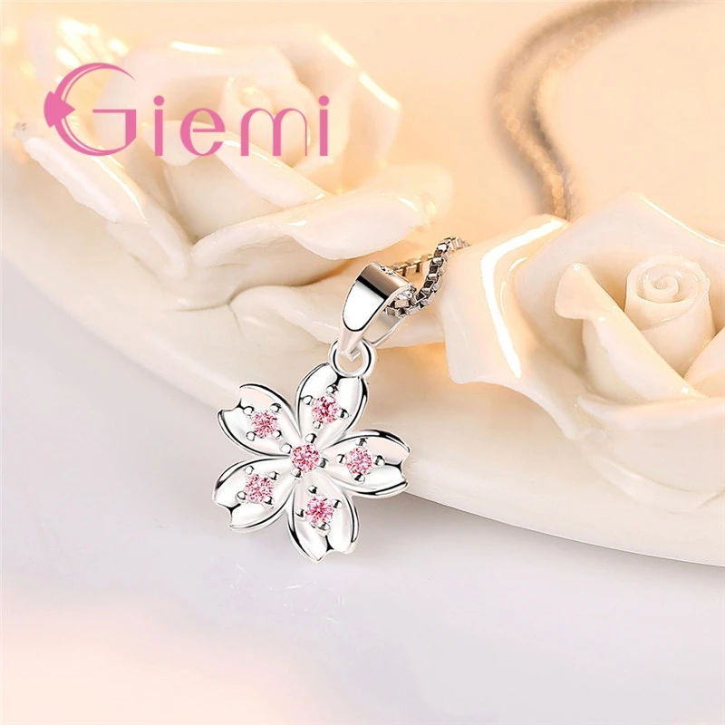 High Quality Cherry Blossoms Flowers Five Petals Design Pink Clear CZ 925 Sterling Silver Women Bridal Wedding Pendant Necklace