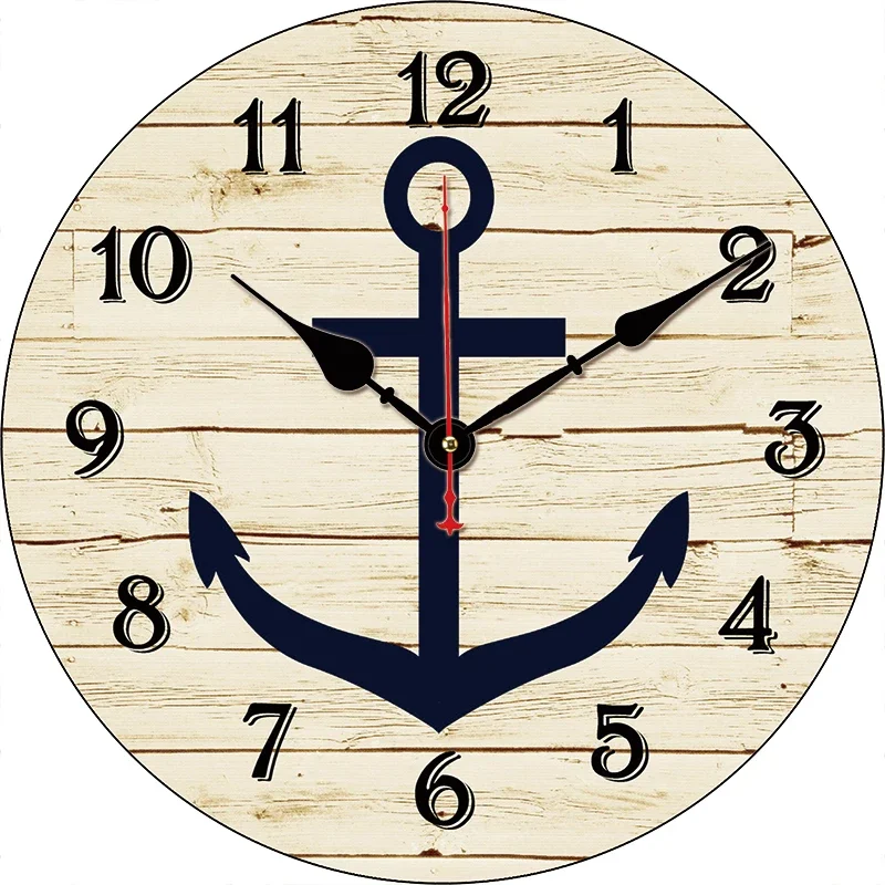 Vintage Wooden Anchor Kitchen Round Wall Clock Large Dinning Restaurant Cafe Decor Wall Clock Silent Non-Ticking Nice For Gift