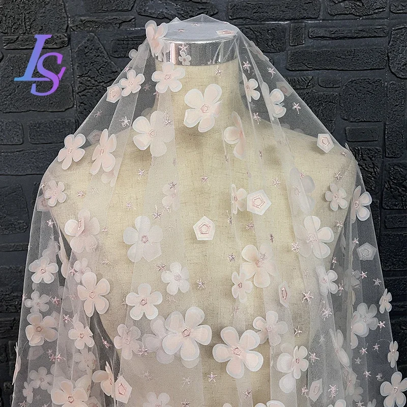 Pink three-dimensional flowers mesh gauze fabric star embroidery light top skirt garment decoration designer fabric