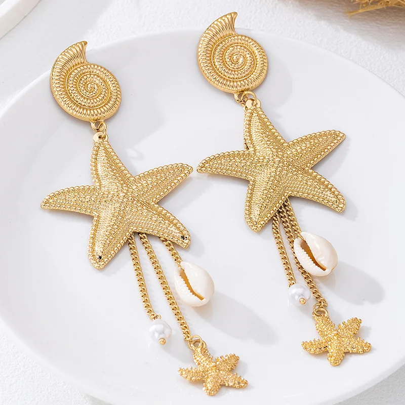 Asymmetric Ocean-Style Earrings - Pearl Shell Tassel & Starfish Beach Vacation Jewelry