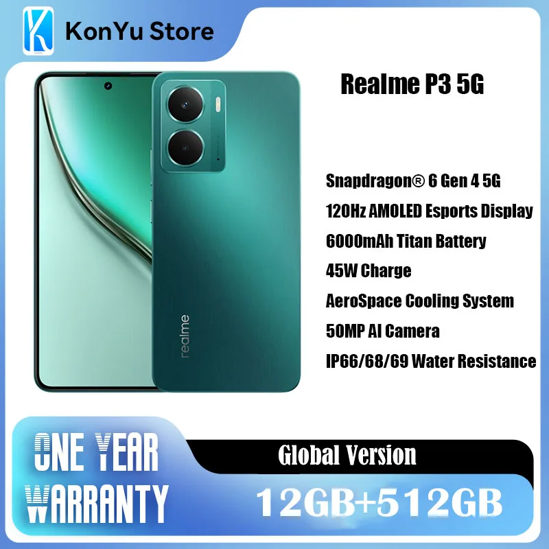 

realme P3 5G Smartphone Snapdragon 6 Gen 4 Chipset 12GB RAM 512GB ROM 6000mAh Battery 6.67" 120Hz AMOLED Display NFC 4G Phone