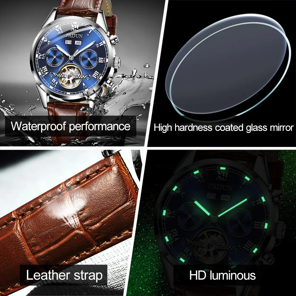 JSDUN 8908 メンズ腕時計 レザーストラップ オリジナル ビジネス 多機能 機械式ベルトウォッチ ﻿   男性へのギフトに最適な防水時計