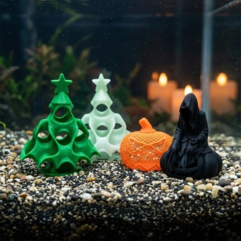 3D Printed Christmas Aquarium Hideout Cave Multi-Hole Hollow Betta Fish Hideout Plastic Christmas Tree Shape Fish Tank Ornament