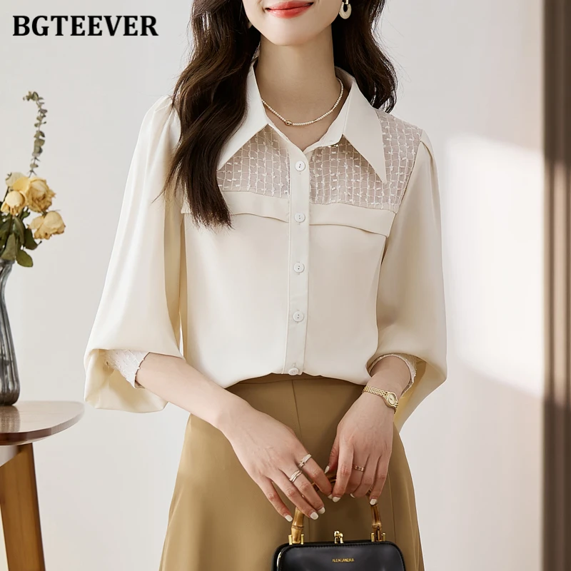 

BGTEEVER Stylish Long Sleeve Female Single-breasted Chiffon Blouses Autumn Elegant Turn-down Collar Loose Women Solid Shirts