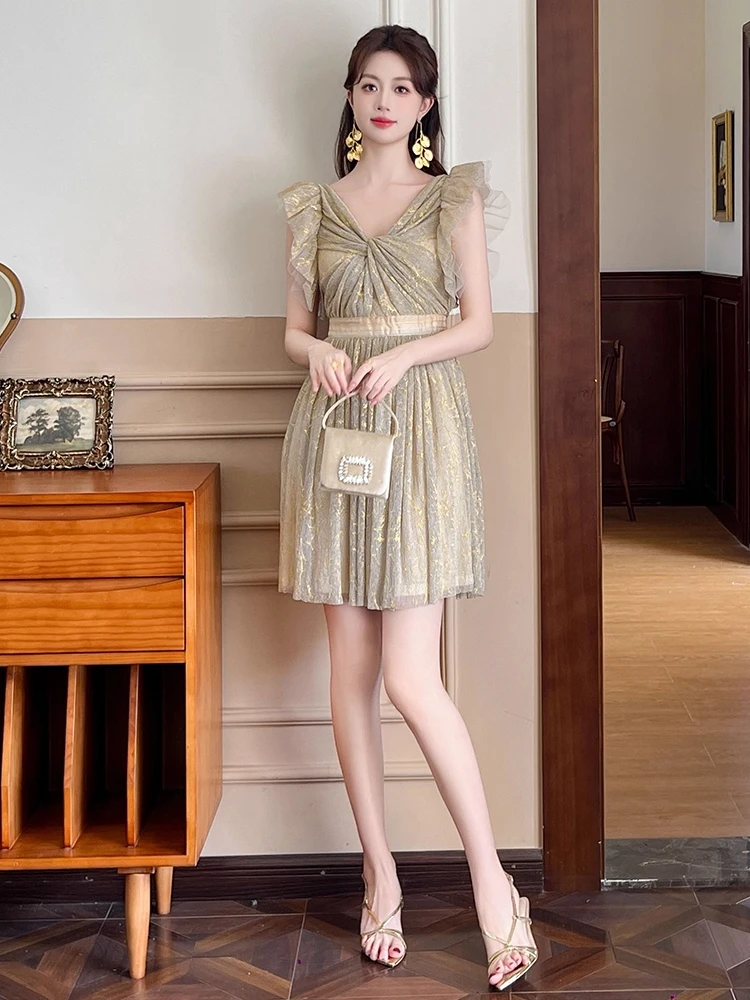 

New Summer French Flying Sleeve Ruffle Mesh Fairy Evening Dress Women Clothes Sweet Sexy V-Neck Slim A-Line Party Prom Vestidos