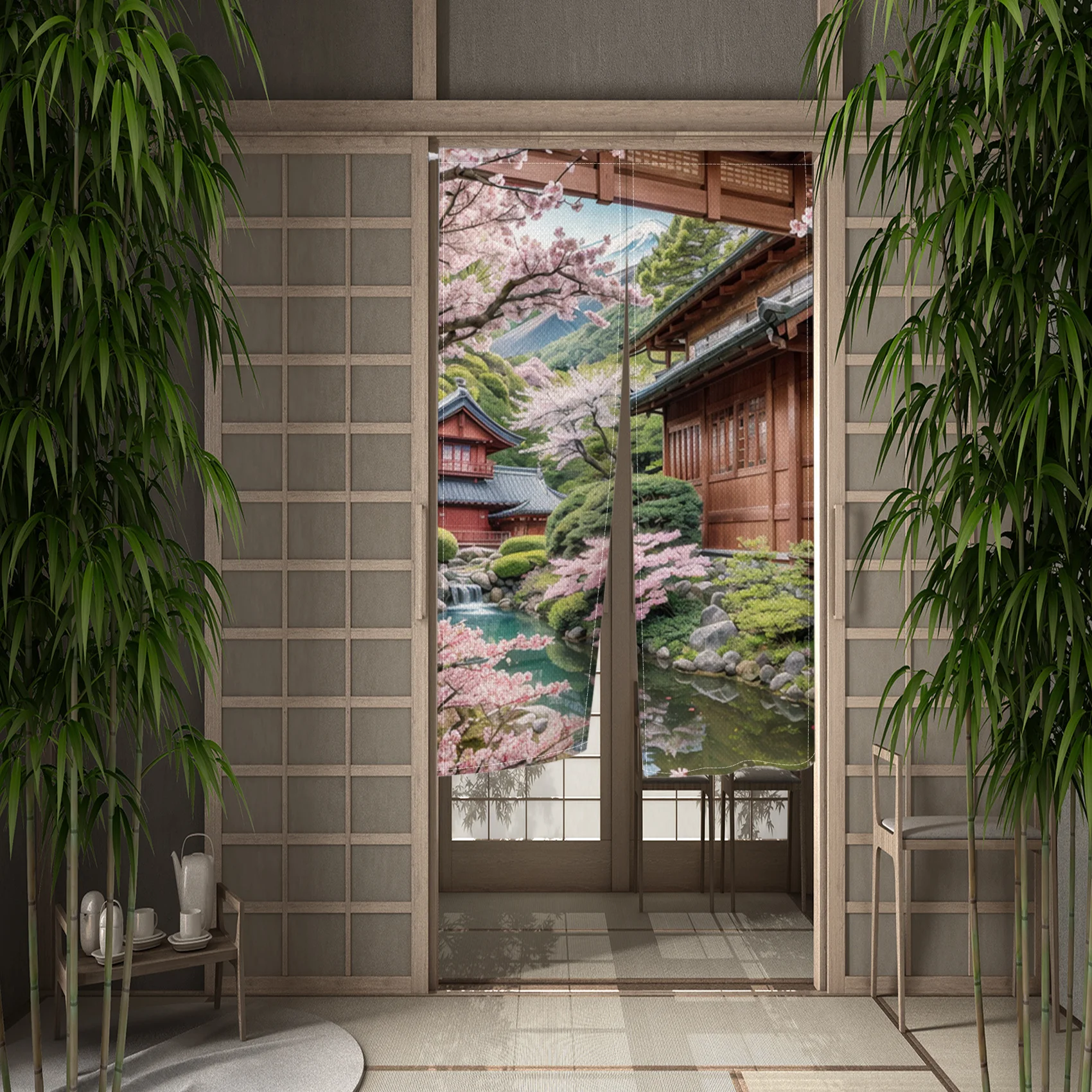 Japanese Noren Split Door Curtain Sakura Mount Fuji Bridge Tower Landscape Doorway Curtains for Kitchen Entrance Half-curtain