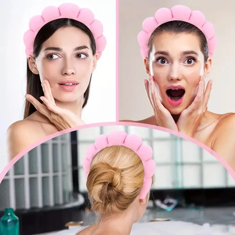 3pcs/Set Puffy Headband With Wristband Sponge Terry Towel Cloth Fabric Headband Set For Washing Face Skincare Spa Wear Makeup