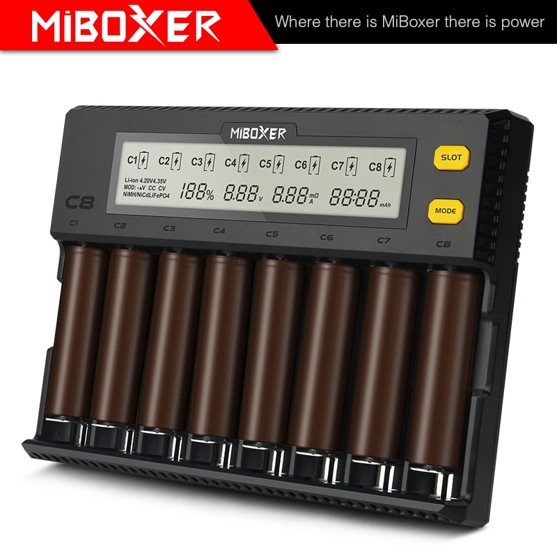 MiBOXER-cargador de batería inteligente C8, dispositivo con 8 ranuras, salida Total de 4A, para IMR16340 18650 10440 AA AAA 14500 26650 y USB, nuevo