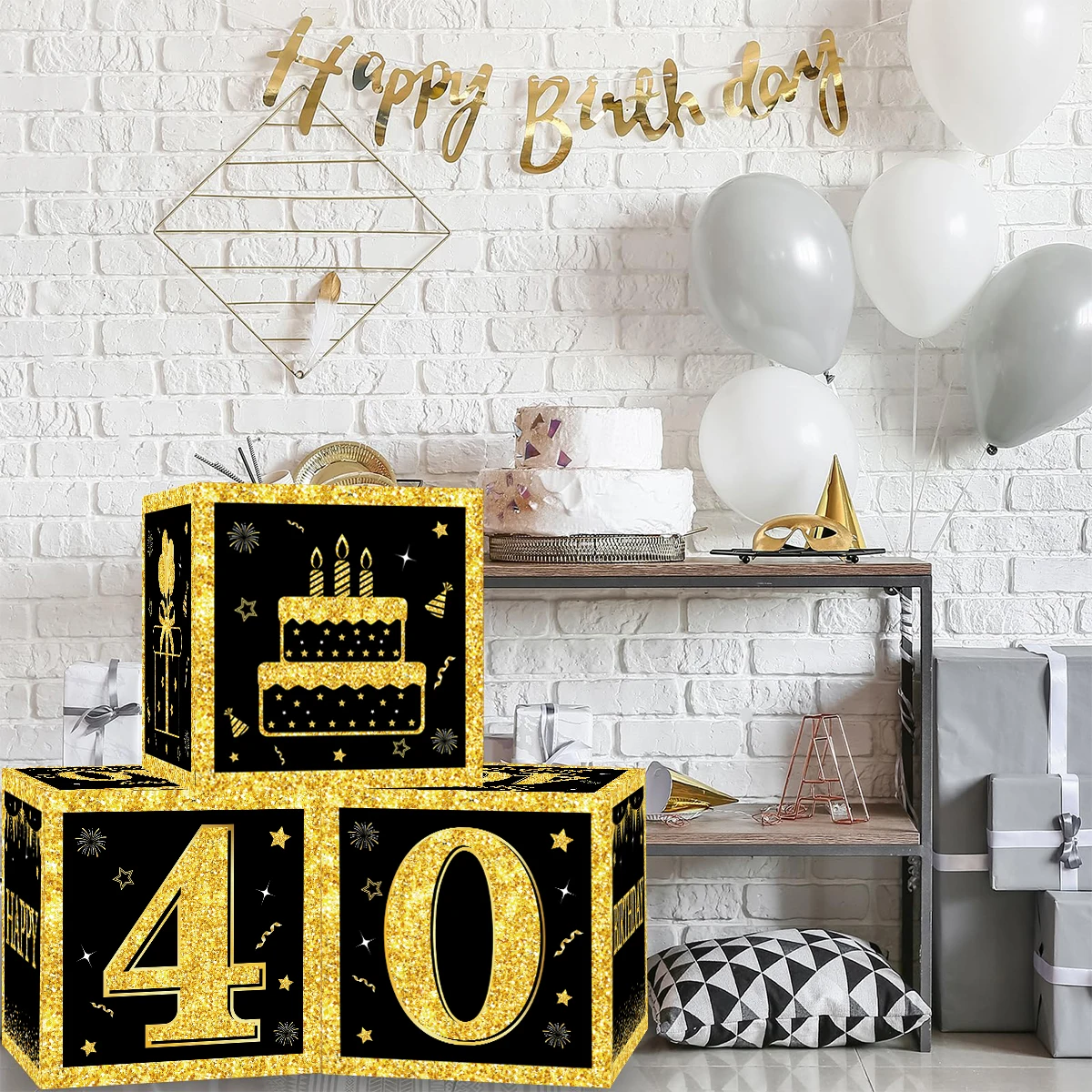 Decoração de Festa de Aniversário Preto e Dourado Adulto, Material para Feliz Aniversário, 18 Anos, 30 Anos, 40 Anos, 50 Anos, 60 Anos, 70 Anos, 80 Anos