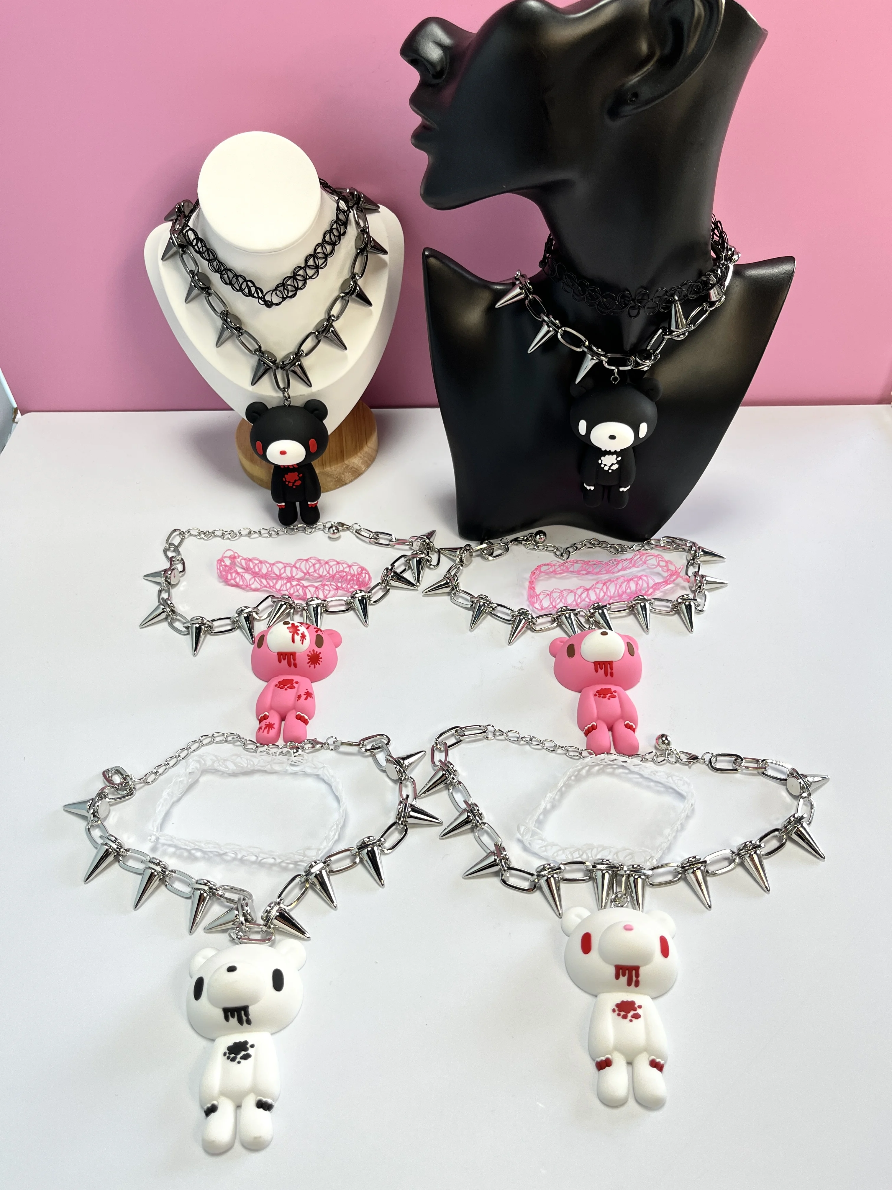 Goth Spiked Choker Necklace for Women E-Girl Y2K Jewelry Pink Black White Gloomy Bear Pendant Grunge Aesthetic Emo Drop Shipping #1
