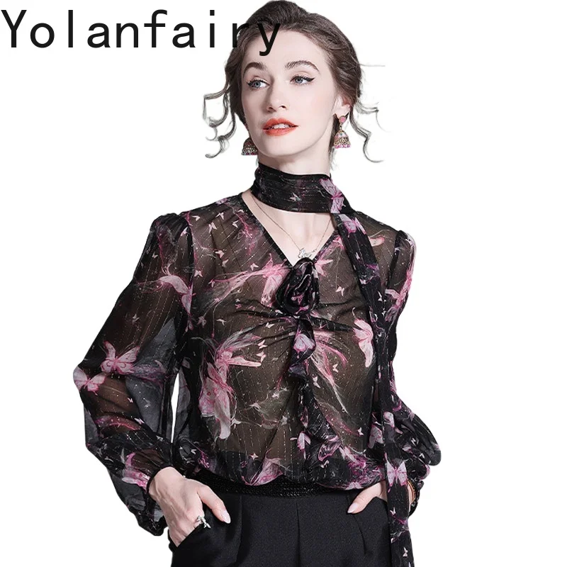 

YOLANFAIRY 100% натуральные шелковые блузки из тутового шелкопряда для женщин, элегантные, весна-лето 2026, с цветочным принтом, с длинным рукавом, топы, футболки с лентами