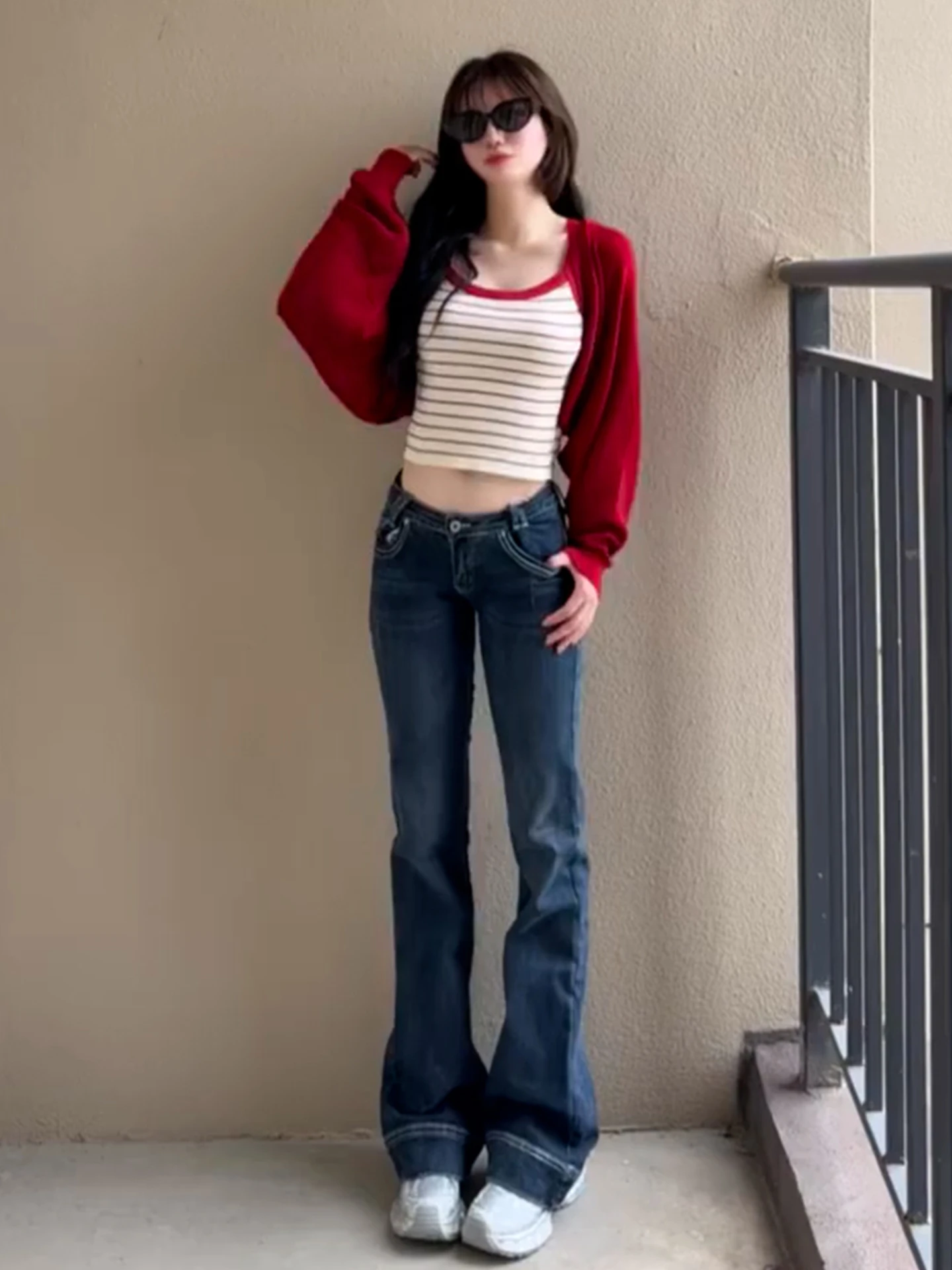 

Red Long Sve Striped Women's T-irt Korean Sle Layered Wear Early Autumn Faion Inner Wear irt Set Casual round Ne