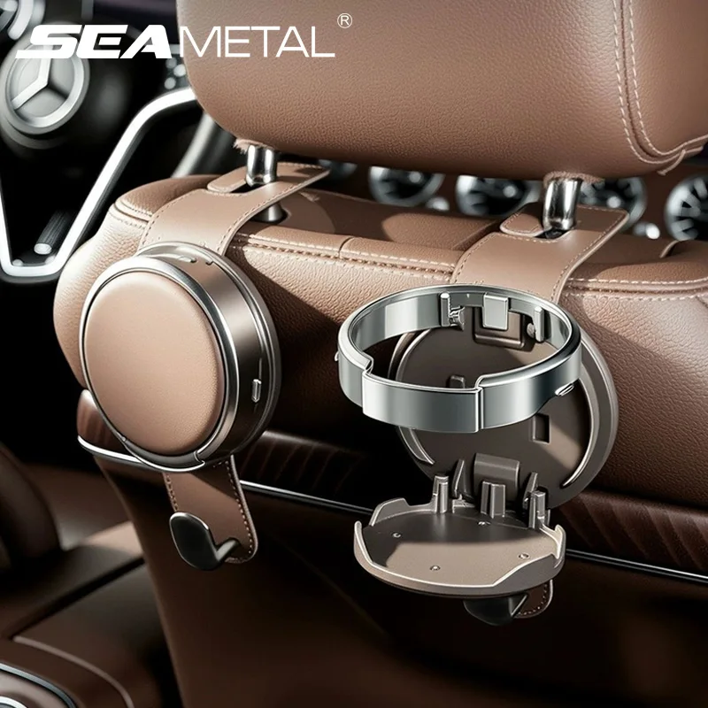 SEAMETAL Foldable Car Headrest Cup Holder with Hook Multifunctional Auto Seat Back Water Bottle Drink Rack Hanging Storage Mount