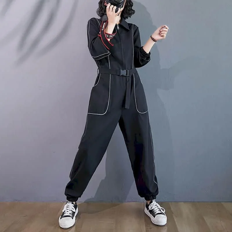 

Long-sleeved Jumpsuits Korean Style Leggings Loose Oversized Women Waistband Lapel Pocket Tracksuit Women Workwear Playsuits
