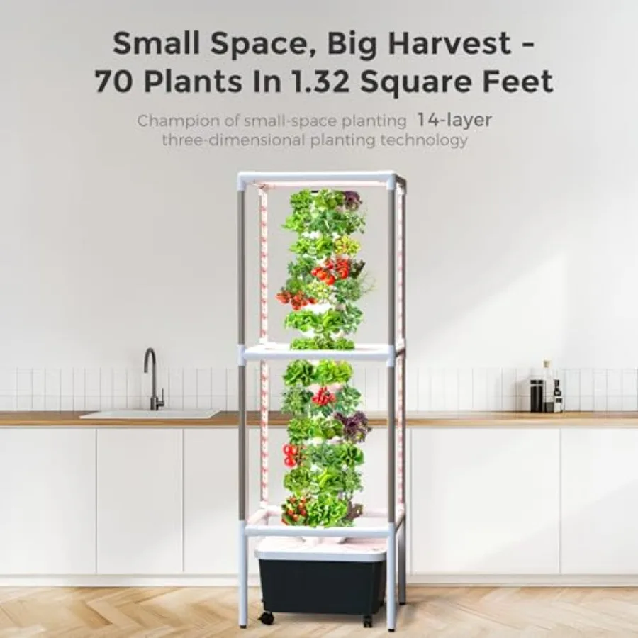 Indoor outdoor vertical hydroponics growing system with full-spectrum grow lights, ABS plastic, white, 14-tier tower for vegeta