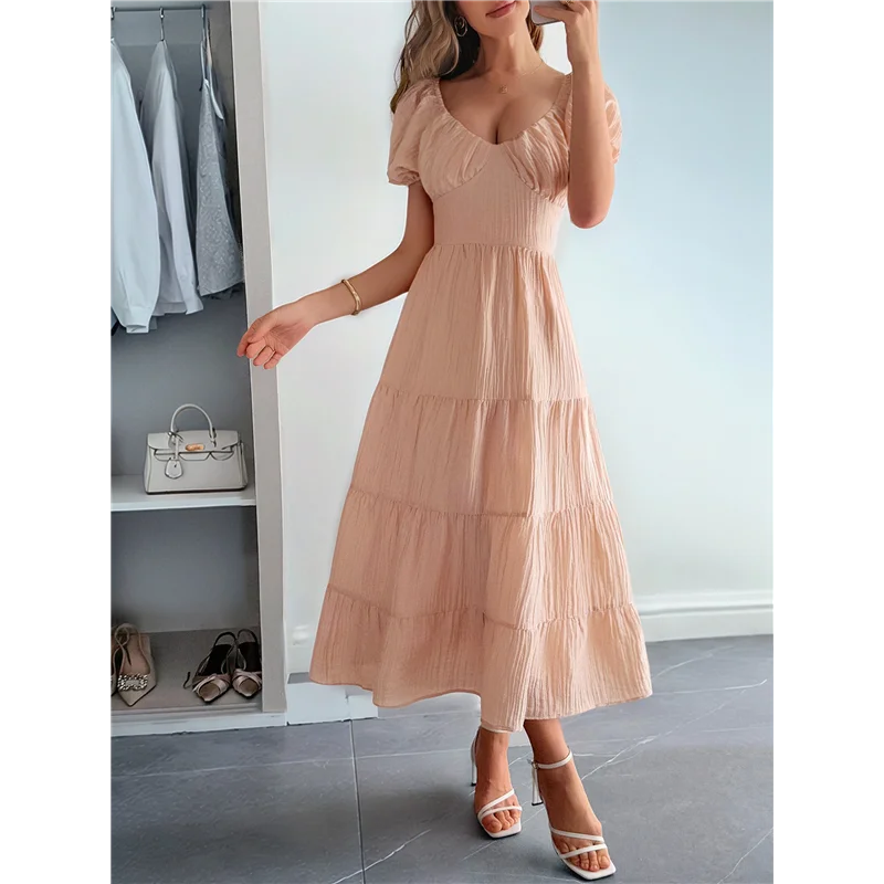 ABRT-Women's Summer Casual Midi Dress Puffy Short Sleeve V-Neck Smocked Tiered Ruffle Dresses